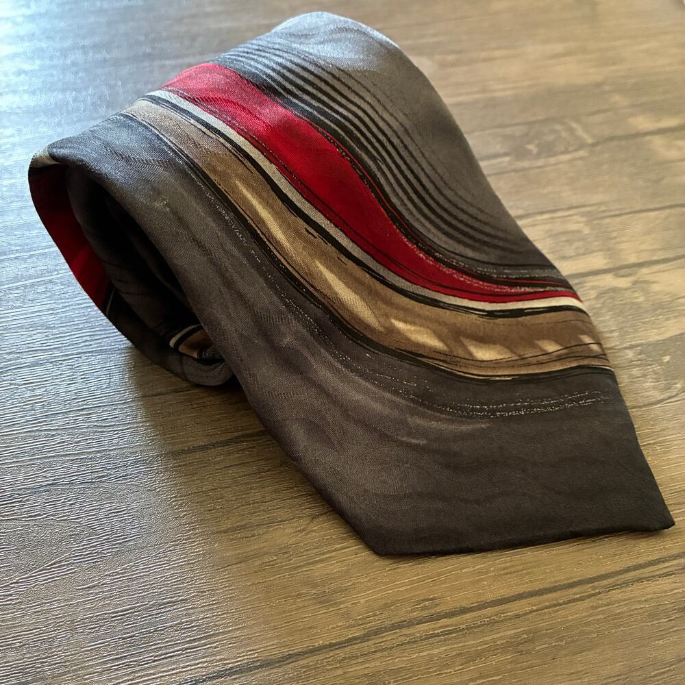 Arrow USA 1851 men's patterned tie gray red gold 100% imported silk 4 inch width